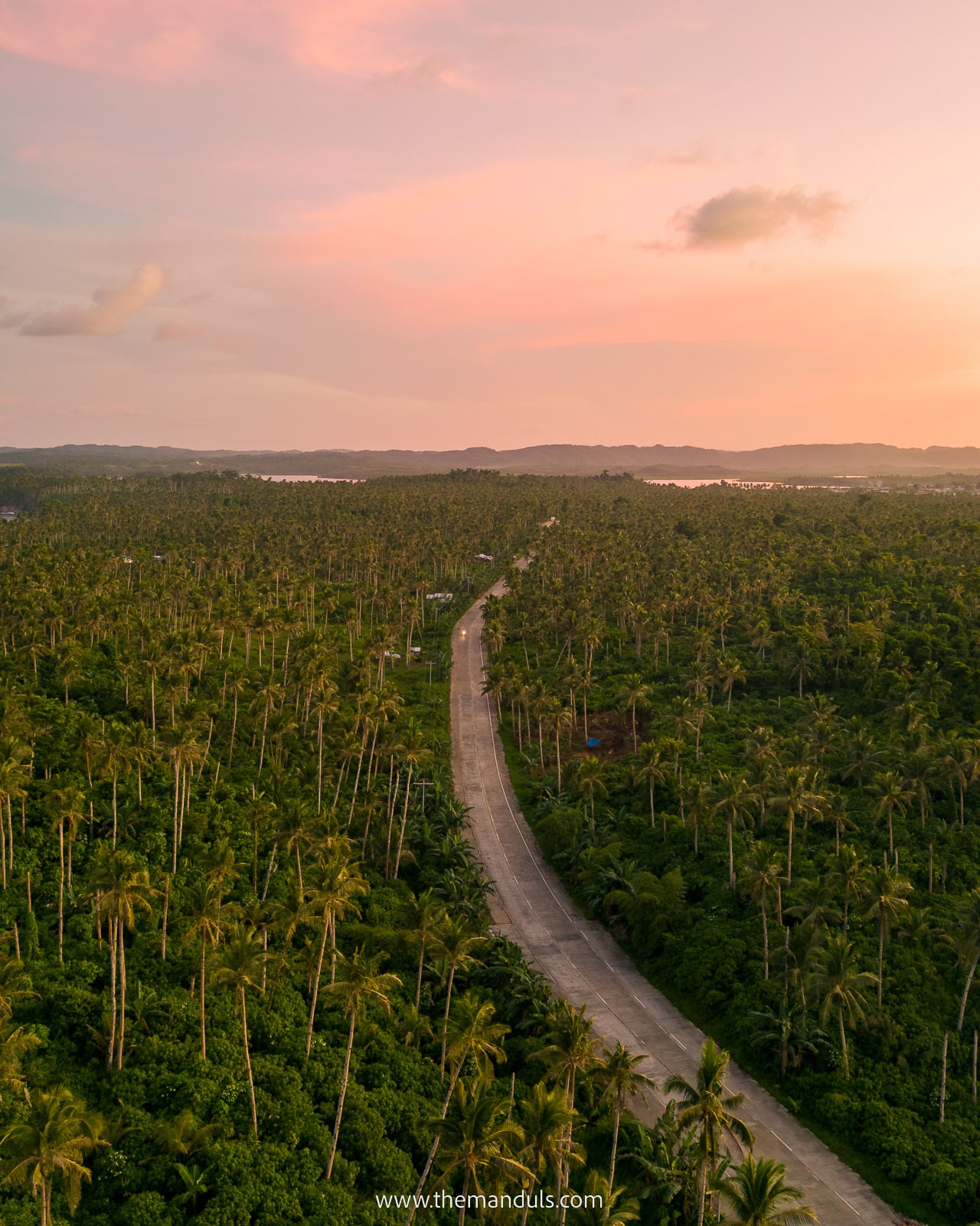 Coconut road Siargao sunset drone