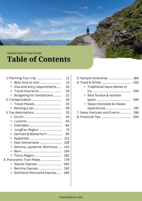 Switzerland Travel Guide - Table of Contents