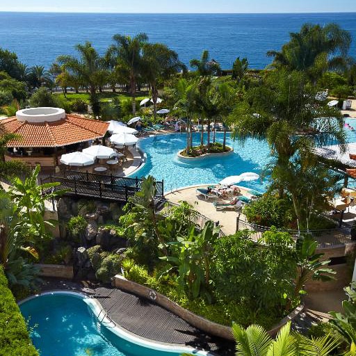 a swimming pool surrounded by palm trees and an ocean in PortoMare hotel near Funchal Madeira