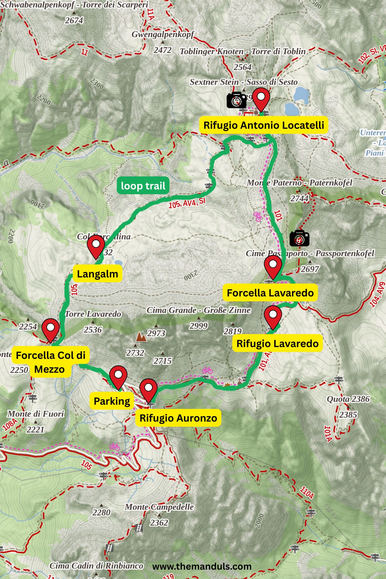 Tre Cime di Lavaredo hiking map Tre Cime di Lavaredo hike
